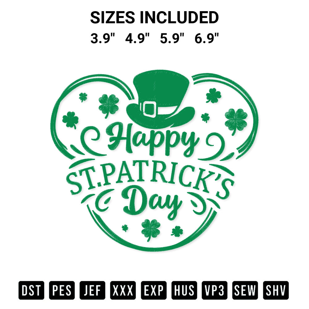 Get the Disney Mickey Hat Happy Patricks Day Embroidery Design embroidery design for your custom crafts! Premium digitized files available for instant download at Designspacks.com. Available sizes: 3.9", 4.9", 5.9", 6.9".