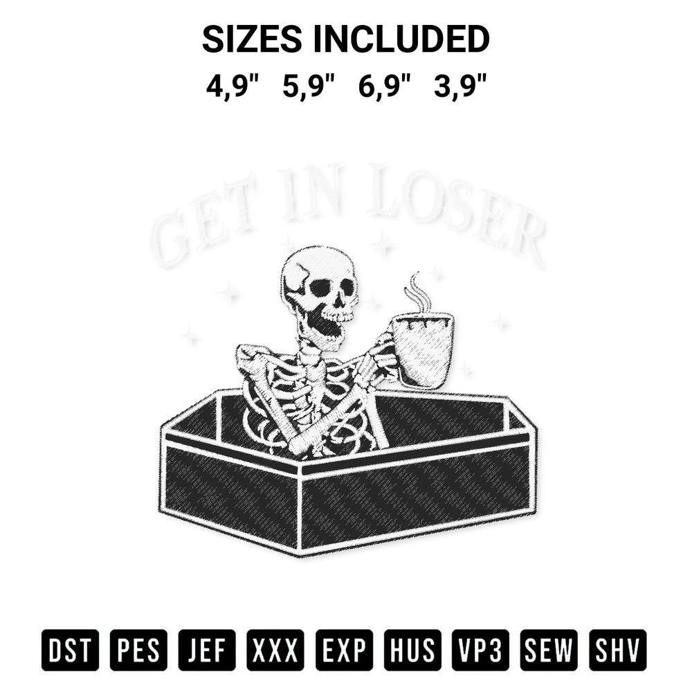 Stitch like a pro with the Get In Loser Skeleton Drink Coffee Spooky Halloween Costume Logo Embroidery Design embroidery pattern from Designspacks.com. High-quality digital machine embroidery file. Available sizes: 4,9", 5,9", 6,9", 3,9".
