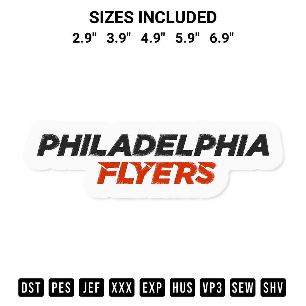 Shop the Philadelphia Flyers Embroidery Design machine embroidery pattern at Designspacks.com. Beautifully digitized for flawless stitching on any fabric. Available sizes: 2.9", 3.9", 4.9", 5.9", 6.9".