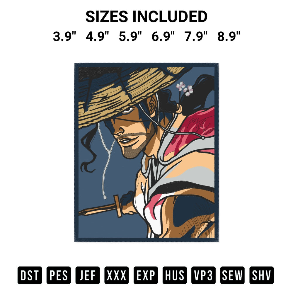 Transform your fabrics with the Kyoraku Shunsui Bleach Embroidery Design embroidery design. Instant access to premium digitized patterns at Designspacks.com. Available sizes: 3.9", 4.9", 5.9", 6.9", 7.9", 8.9".