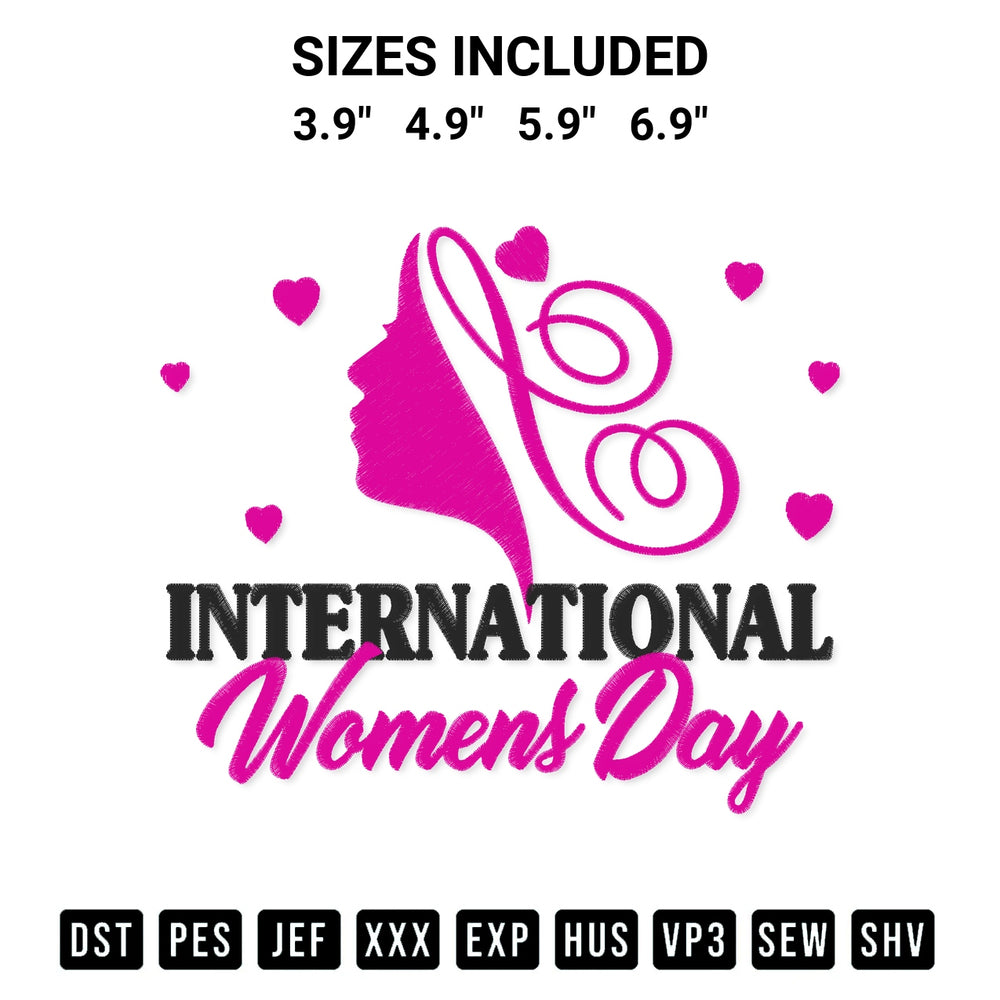Download the International Womens Day Embroidery Design machine embroidery design exclusively at Designspacks.com. Premium digitized pattern for apparel and DIY crafts. Available sizes: 3.9", 4.9", 5.9", 6.9".