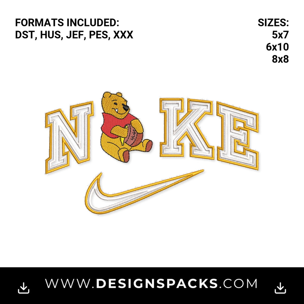 Winnie the Pooh Varsity Swoosh Embroidery Design - Instant digital download pattern at Designspacks.com