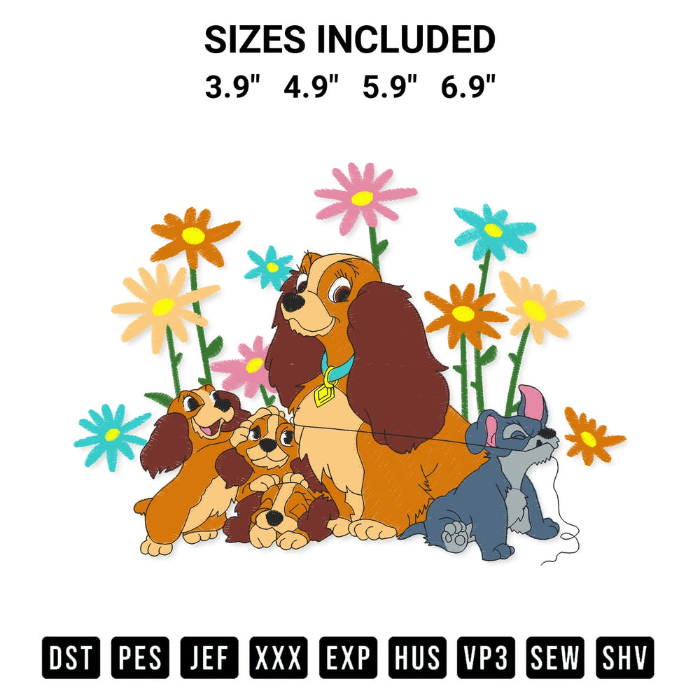 Shop the Disney Lady And The Tramp Flower Embroidery Design machine embroidery pattern at Designspacks.com. Beautifully digitized for flawless stitching on any fabric. Available sizes: 3.9", 4.9", 5.9", 6.9".