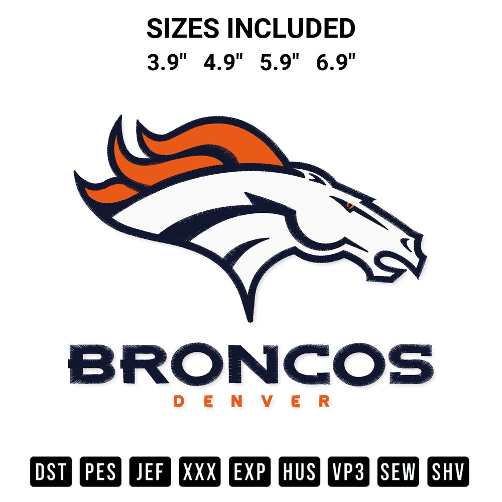 Elevate your next project with our Logo Denver Broncos Football Embroidery Design embroidery file. Shop high-quality digital patterns instantly at Designspacks.com. Available sizes: 3.9", 4.9", 5.9", 6.9".