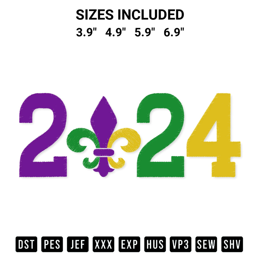 Looking for the perfect pattern? Download the 2024 Mardi Gras Embroidery Design embroidery design today at Designspacks.com. Crisp, clean stitching guaranteed. Available sizes: 3.9", 4.9", 5.9", 6.9".