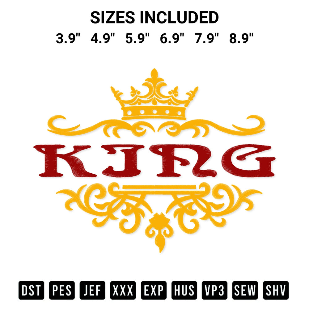 Download the King Crown Embroidery Design machine embroidery design exclusively at Designspacks.com. Premium digitized pattern for apparel and DIY crafts. Available sizes: 3.9", 4.9", 5.9", 6.9", 7.9", 8.9".