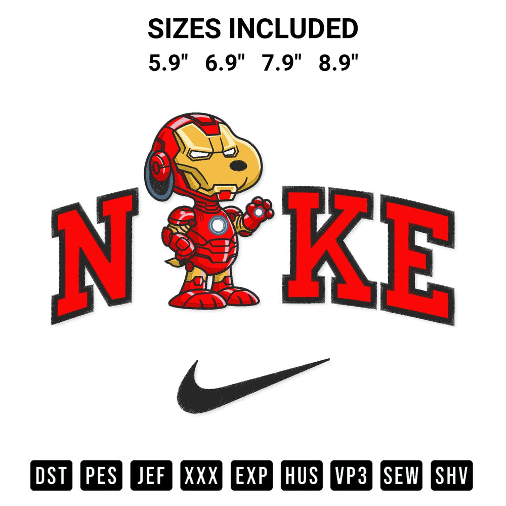 Get the Snoopy Iron Man X Nike Embroidery Design embroidery design for your custom crafts! Premium digitized files available for instant download at Designspacks.com. Available sizes: 5.9", 6.9", 7.9", 8.9".