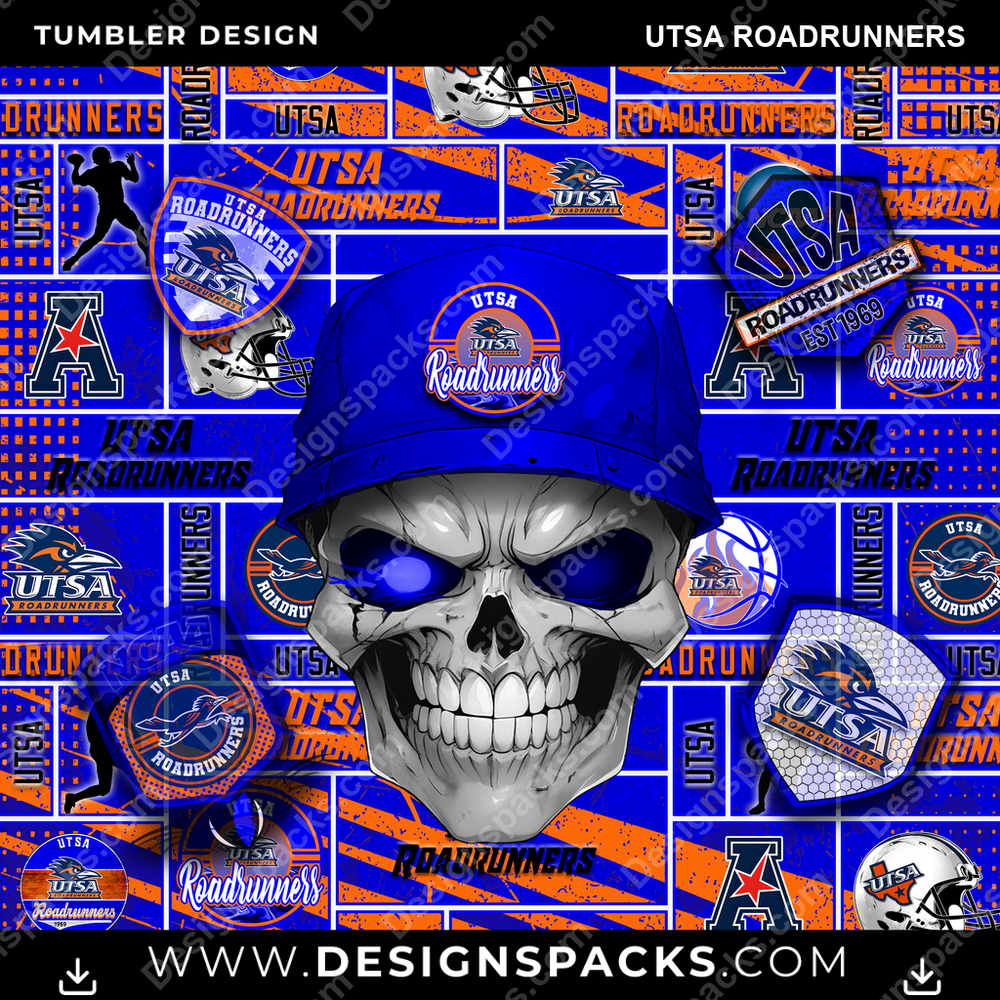 College Sport Skull UTSA Roadrunners Tumbler Digital Wrap Design