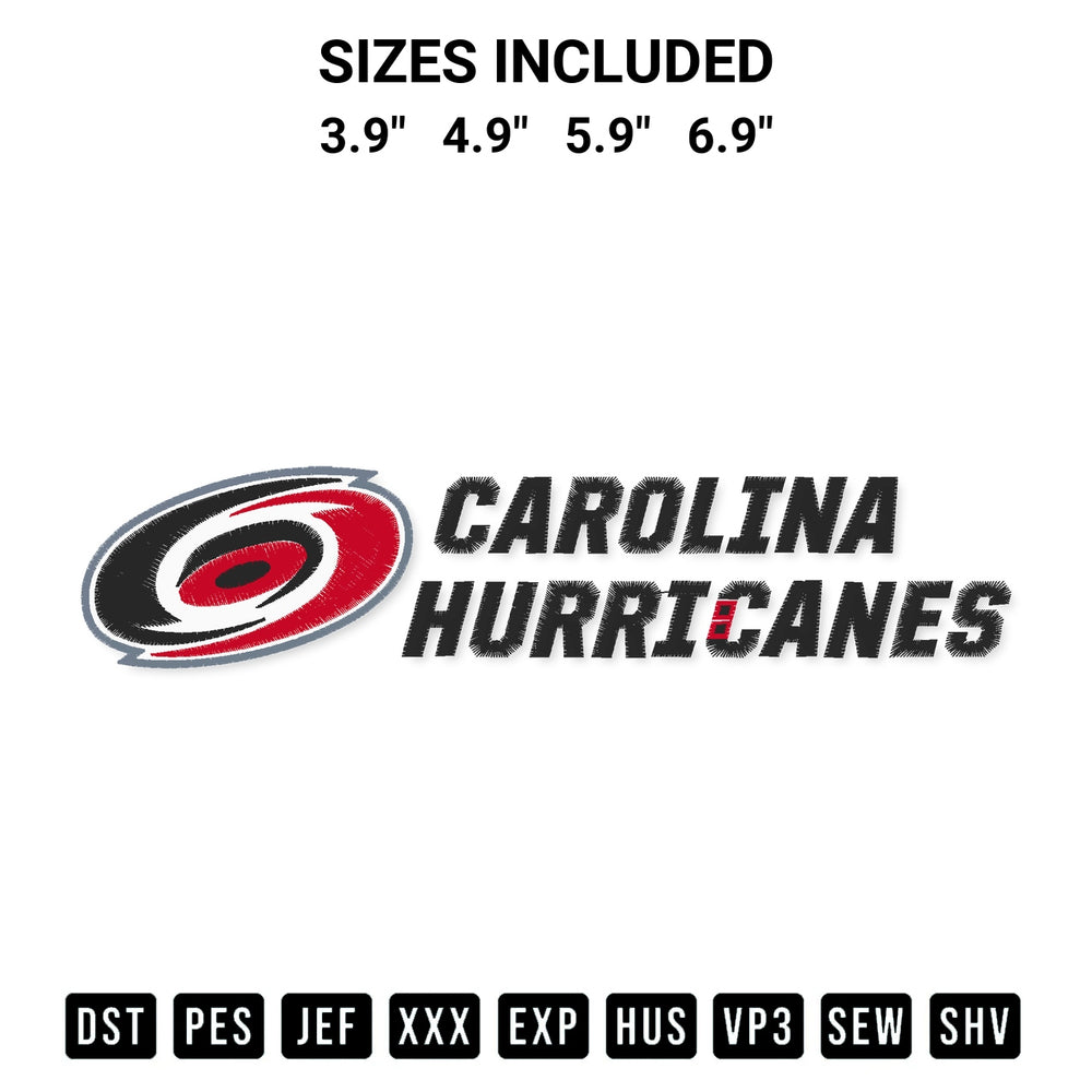 Shop the Carolina Hurricanes Text Embroidery Design machine embroidery pattern at Designspacks.com. Beautifully digitized for flawless stitching on any fabric. Available sizes: 3.9", 4.9", 5.9", 6.9".