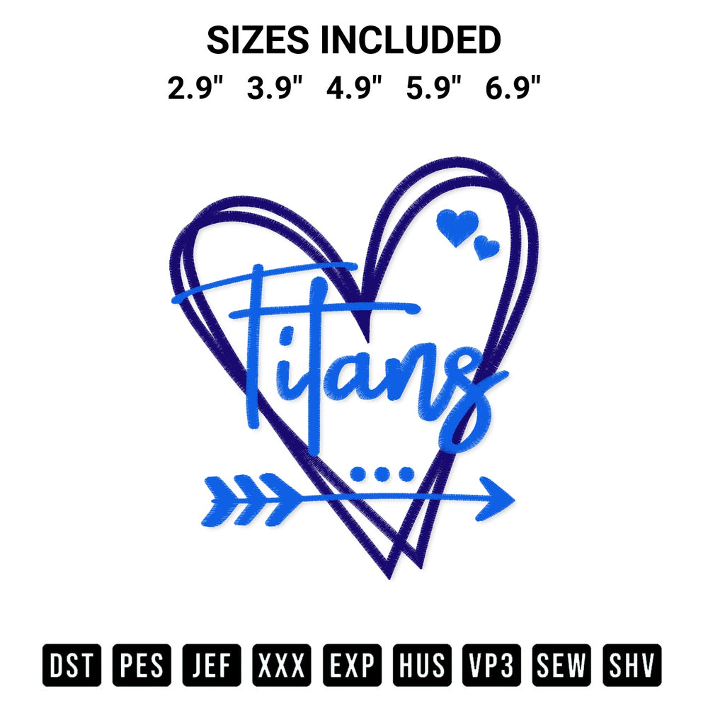 Get the Tennessee Titans Heart Embroidery Design embroidery design for your custom crafts! Premium digitized files available for instant download at Designspacks.com. Available sizes: 2.9", 3.9", 4.9", 5.9", 6.9".