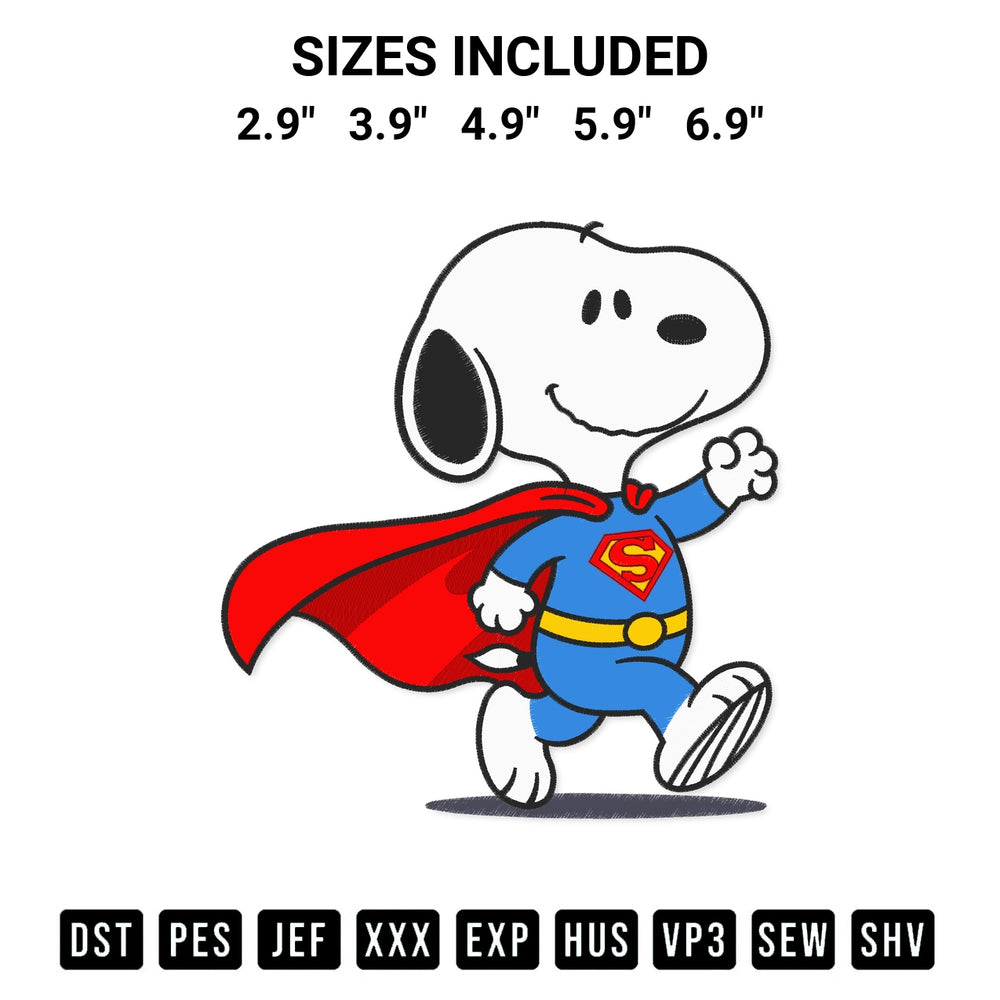 Get the Snoopy As Superman Embroidery Design embroidery design for your custom crafts! Premium digitized files available for instant download at Designspacks.com. Available sizes: 2.9", 3.9", 4.9", 5.9", 6.9".