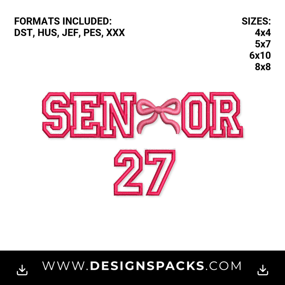 Pink Bow Senior 27 Varsity Letters Embroidery Design - Instant digital download pattern at Designspacks.com
