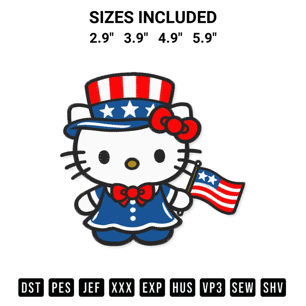 Download the Hello Kitty Independence Day Embroidery Design machine embroidery design exclusively at Designspacks.com. Premium digitized pattern for apparel and DIY crafts. Available sizes: 2.9", 3.9", 4.9", 5.9".