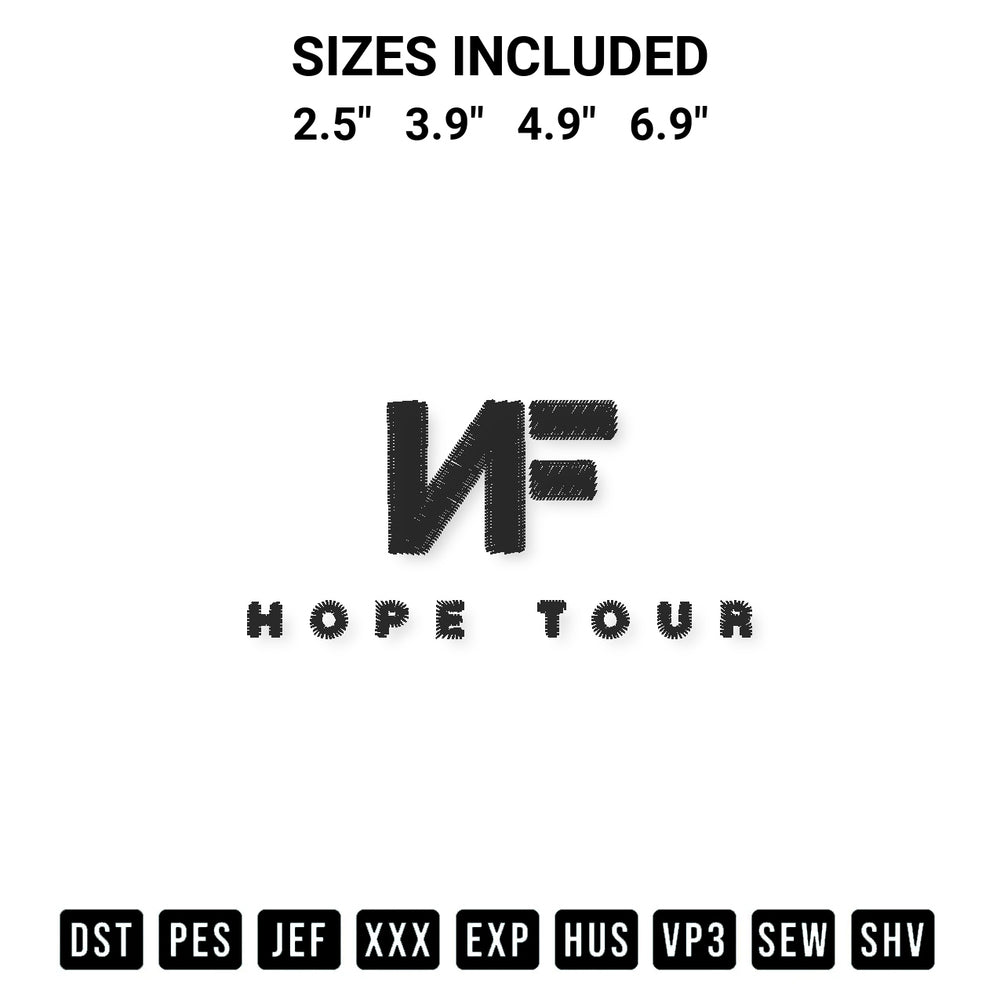 Shop the Nf Hope Tour Embroidery Design machine embroidery pattern at Designspacks.com. Beautifully digitized for flawless stitching on any fabric. Available sizes: 2.5", 3.9", 4.9", 6.9".