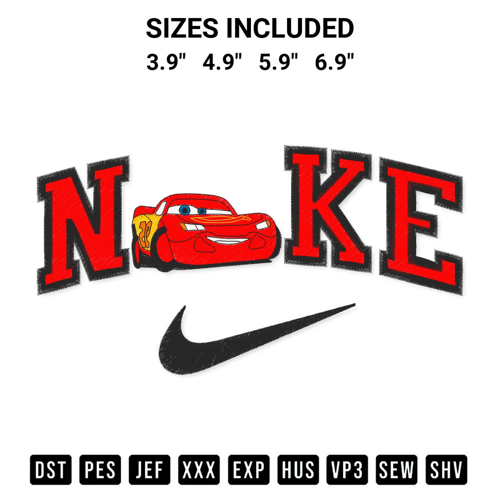 Create amazing crafts with the Nike Car Lightning Mcqueen Embroidery Design embroidery file. High-quality digital download from Designspacks.com, perfect for beginners and pros. Available sizes: 3.9", 4.9", 5.9", 6.9".