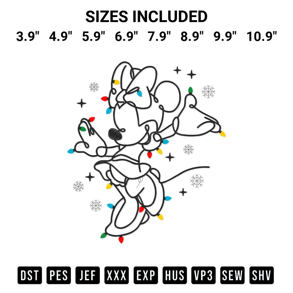 Add a unique touch to your apparel with the Pattern Minnie Christmas Lights Embroidery Design embroidery file. Premium instant download available now on Designspacks.com. Available sizes: 3.9", 4.9", 5.9", 6.9", 7.9", 8.9", 9.9", 10.9".