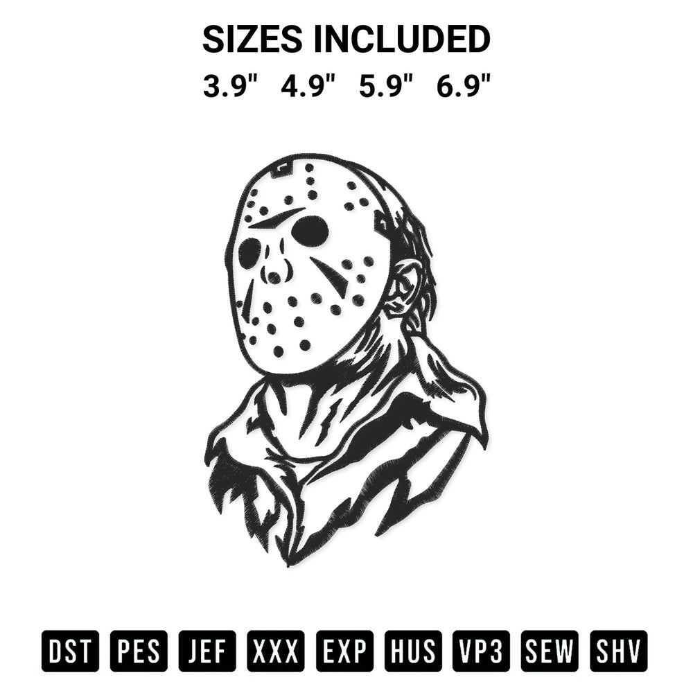 Create amazing crafts with the Jason Voorhees Embroidery Design embroidery file. High-quality digital download from Designspacks.com, perfect for beginners and pros. Available sizes: 3.9", 4.9", 5.9", 6.9".
