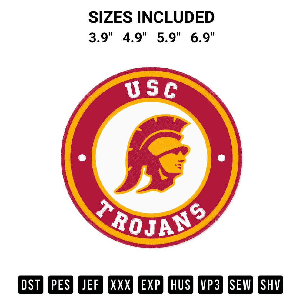 Discover the perfect addition to your crafting collection: Usc Trojans Circle Logo Embroidery Design embroidery file. Instantly available at Designspacks.com. Available sizes: 3.9", 4.9", 5.9", 6.9".