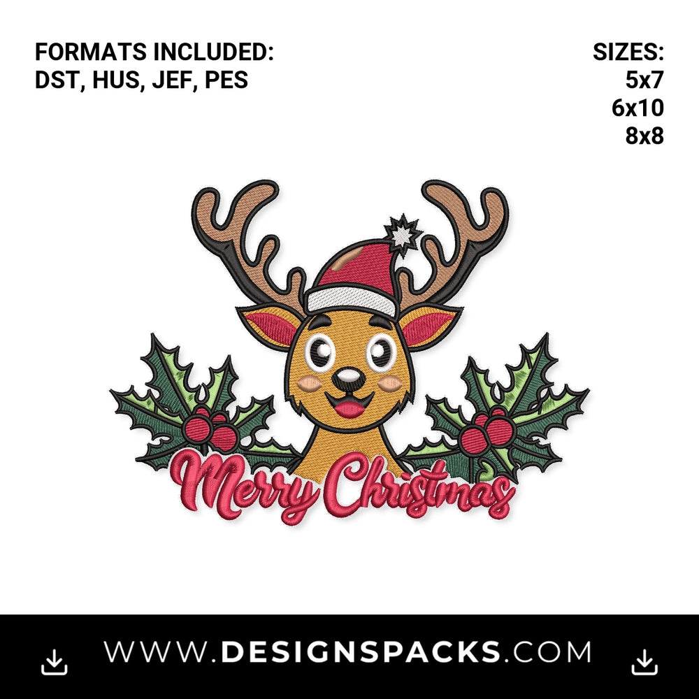 Merry Christmas Reindeer with Holly Embroidery Design - Instant digital download pattern at Designspacks.com