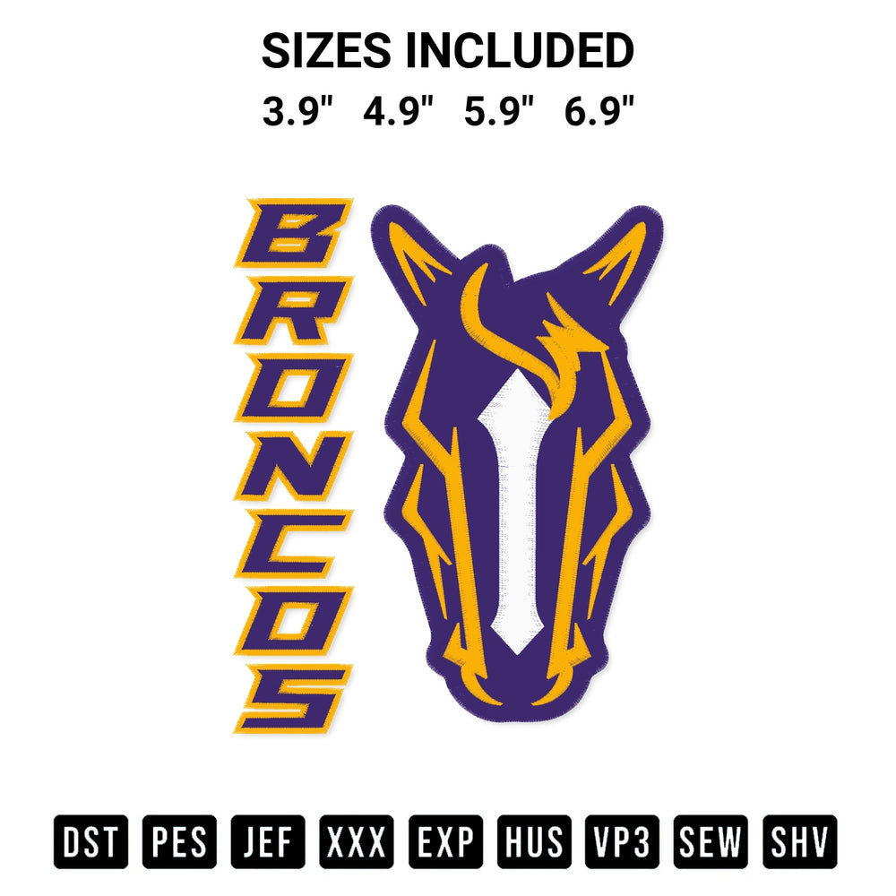 Shop the Spring Hill Broncos Embroidery Design machine embroidery pattern at Designspacks.com. Beautifully digitized for flawless stitching on any fabric. Available sizes: 3.9", 4.9", 5.9", 6.9".