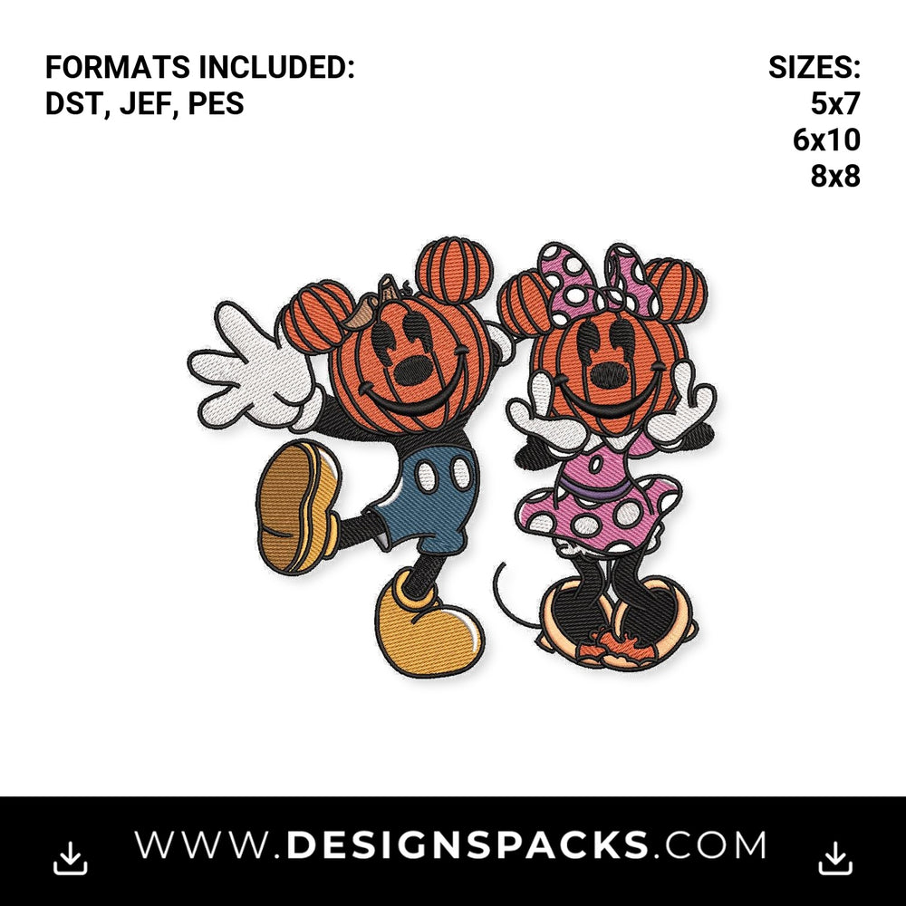 Halloween Pumpkin Mice Couple Embroidery Design - Instant digital download pattern at Designspacks.com
