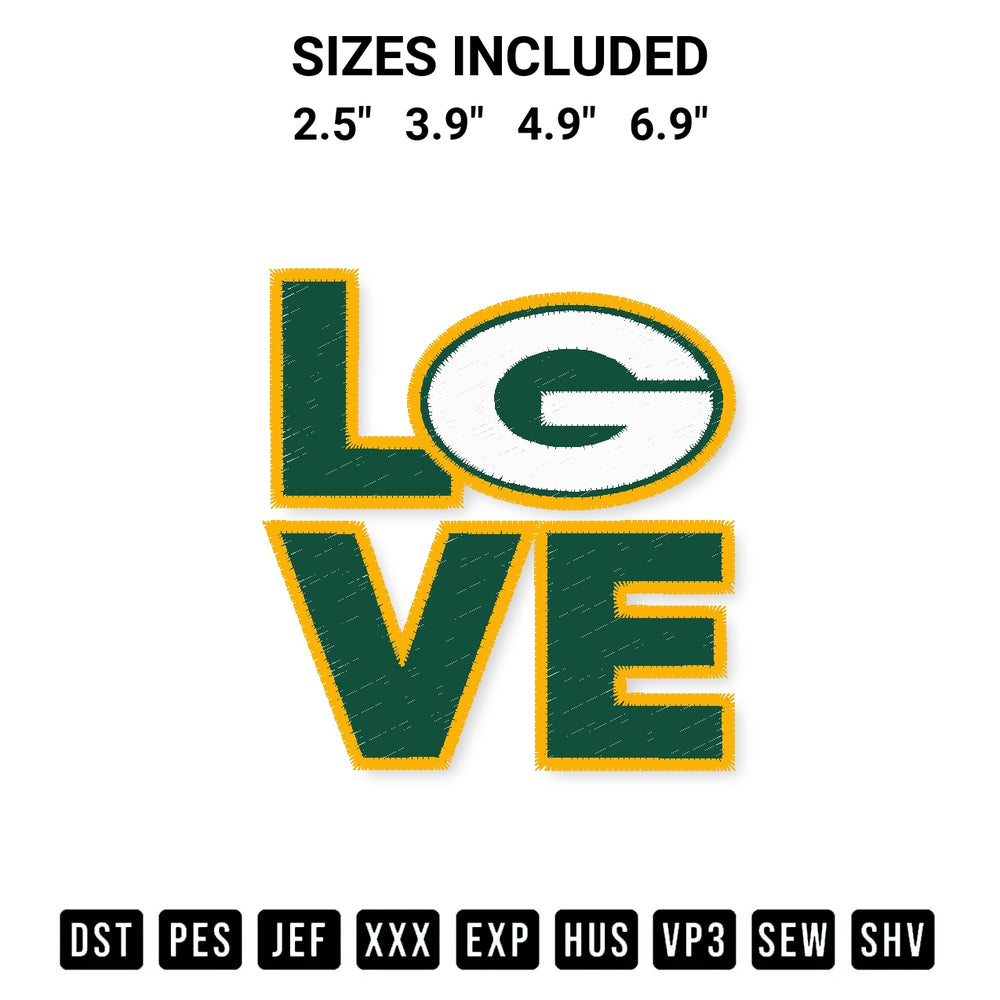 Transform your fabrics with the Love Green Bay Packers Embroidery Design embroidery design. Instant access to premium digitized patterns at Designspacks.com. Available sizes: 2.5", 3.9", 4.9", 6.9".