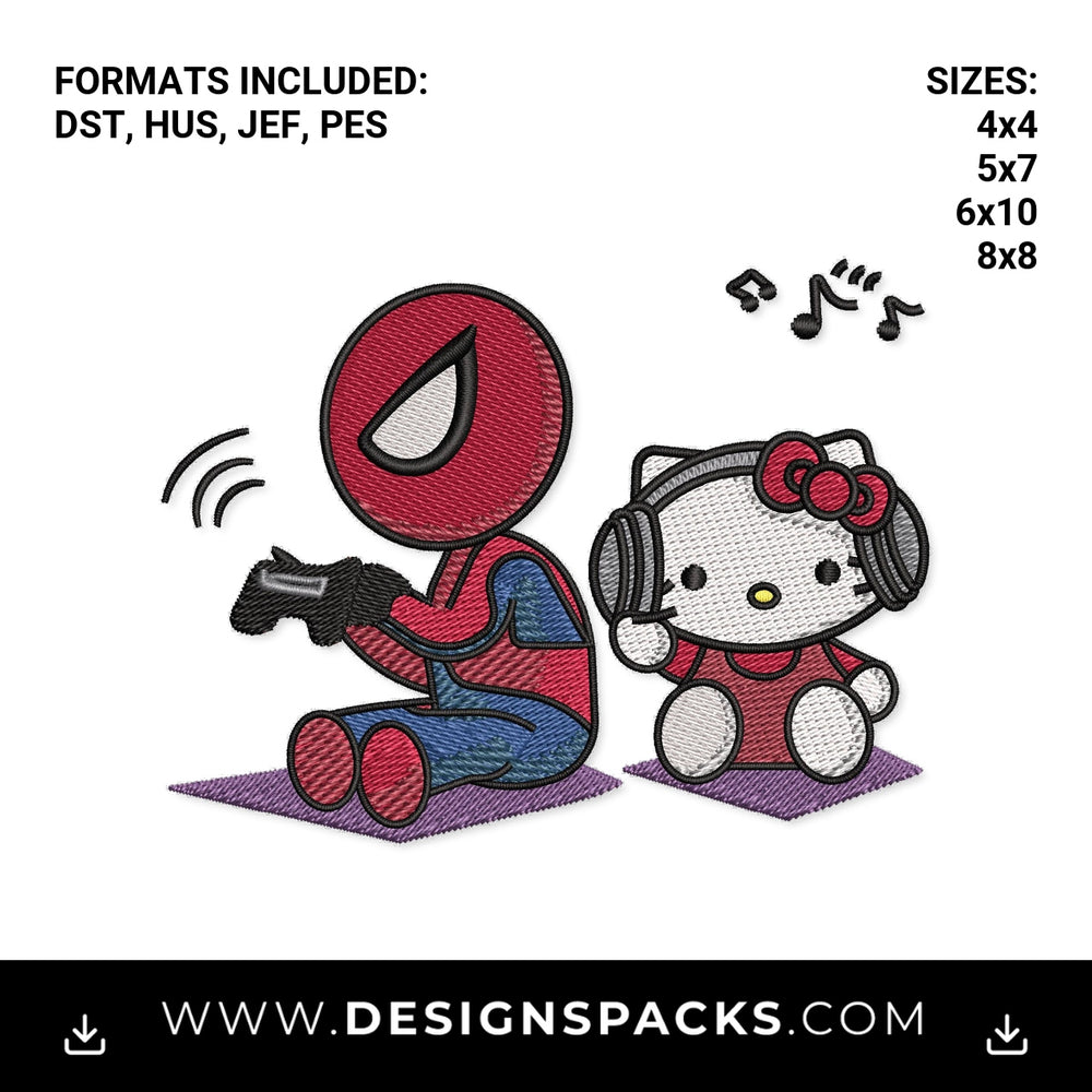 Spider-Man Gaming & Hello Kitty Music Embroidery Design - Instant digital download pattern at Designspacks.com