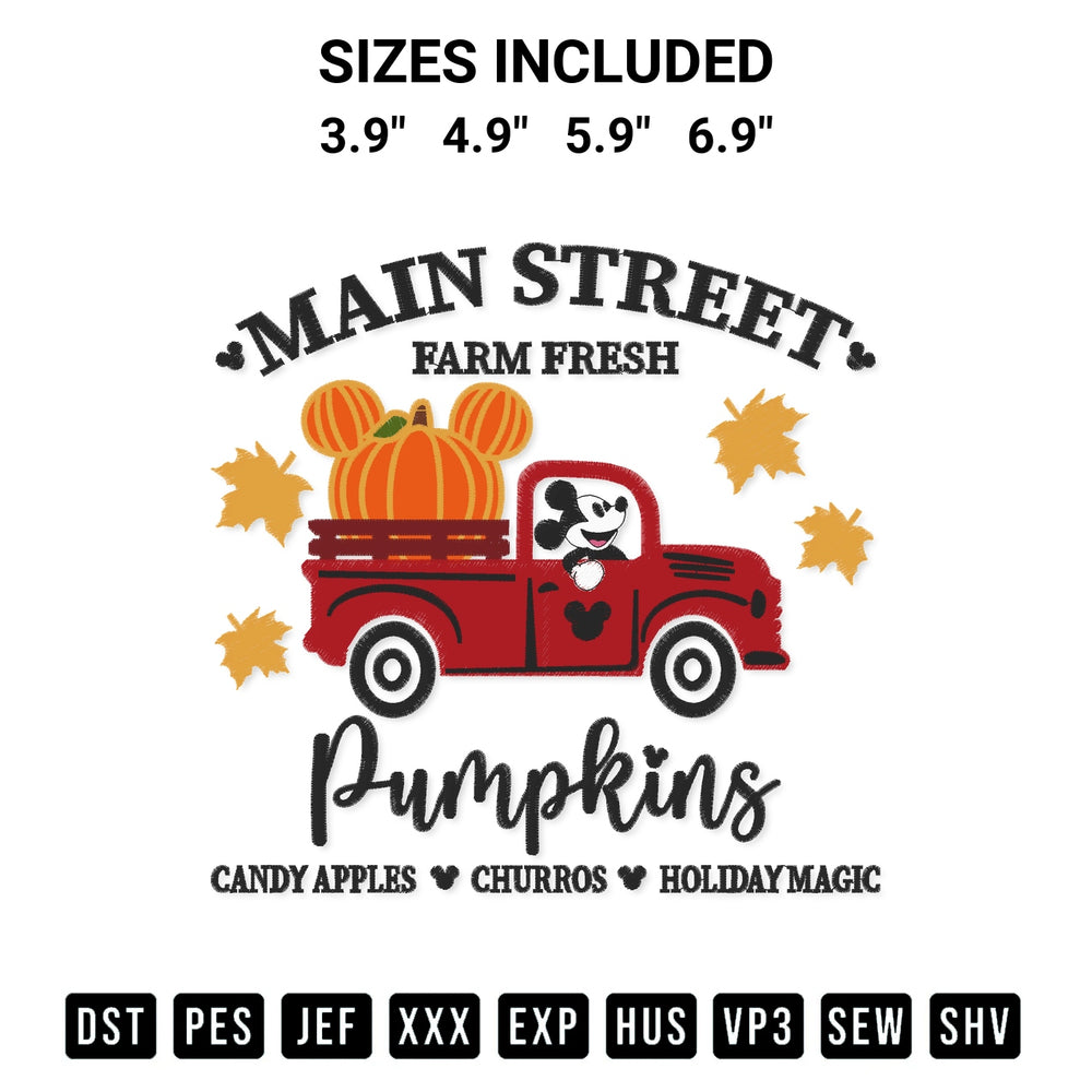 Elevate your next project with our Main Street Farm Fresh Pumpkins Mickey Embroidery Design embroidery file. Shop high-quality digital patterns instantly at Designspacks.com. Available sizes: 3.9", 4.9", 5.9", 6.9".