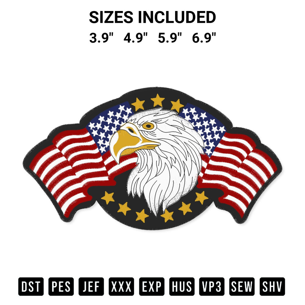 Download the American Flag And Eagle Embroidery Design machine embroidery design exclusively at Designspacks.com. Premium digitized pattern for apparel and DIY crafts. Available sizes: 3.9", 4.9", 5.9", 6.9".