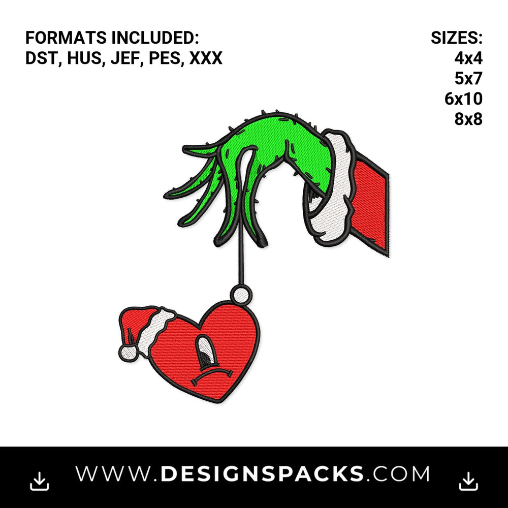 Grinch Hand Holding Bad Bunny Sad Heart Embroidery Design - Instant digital download pattern at Designspacks.com