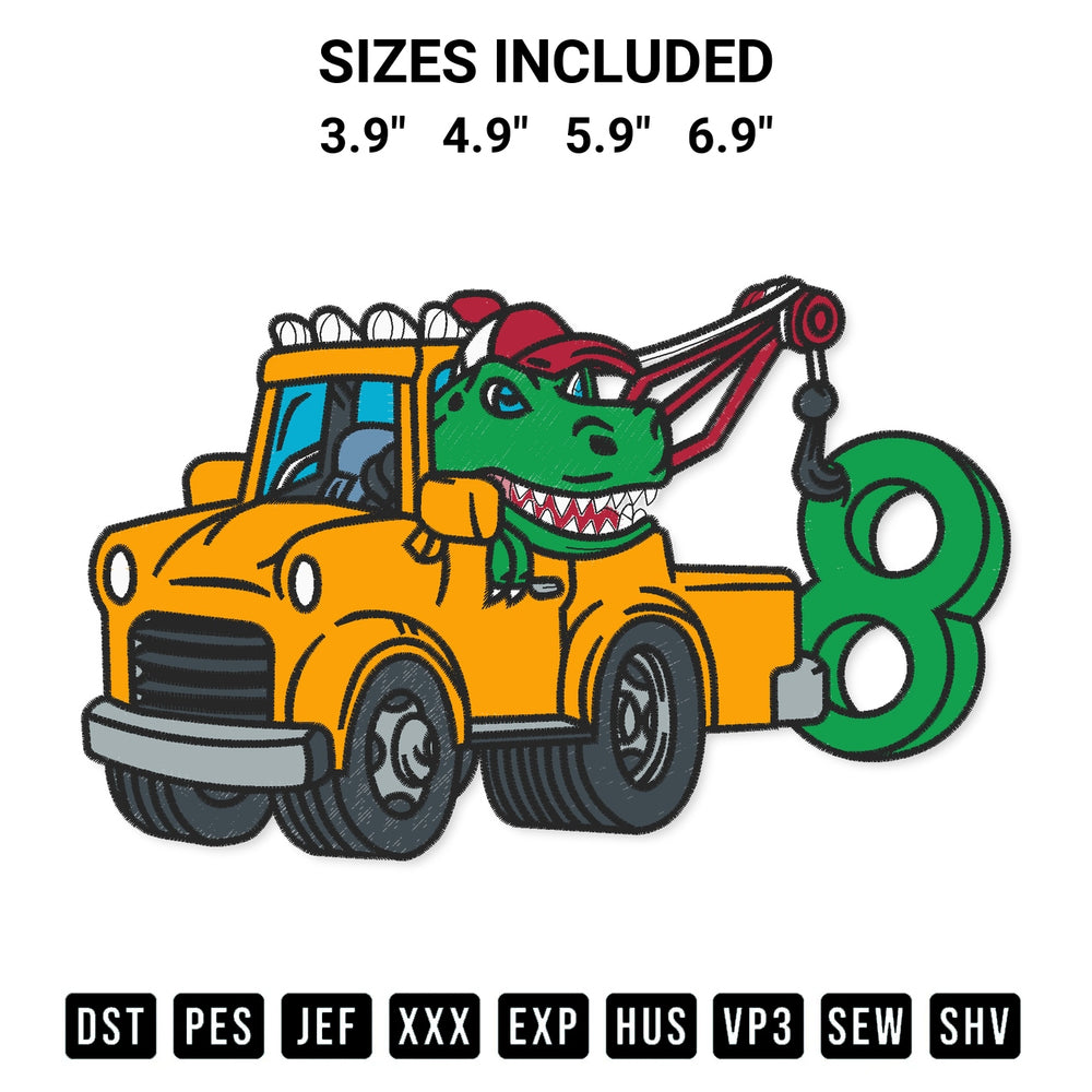 Elevate your next project with our 8Th Birthday Tow Truck Dinosaur Embroidery Design embroidery file. Shop high-quality digital patterns instantly at Designspacks.com. Available sizes: 3.9", 4.9", 5.9", 6.9".