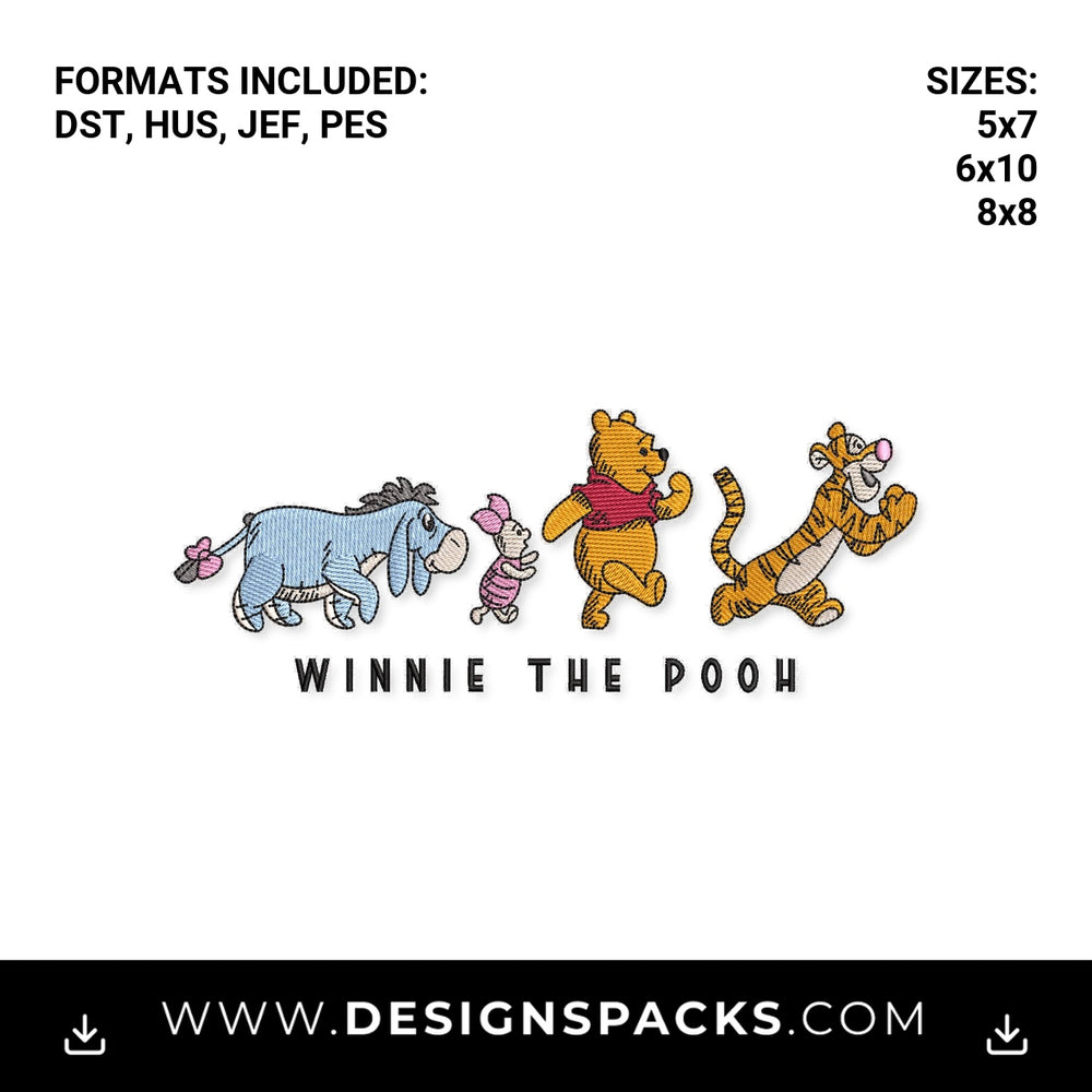 Winnie the Pooh and Friends Walking Embroidery Design - Instant digital download pattern at Designspacks.com
