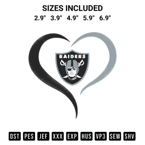Stitch like a pro with the Las Vegas Raiders Heart Football Embroidery Design embroidery pattern from Designspacks.com. High-quality digital machine embroidery file. Available sizes: 2.9