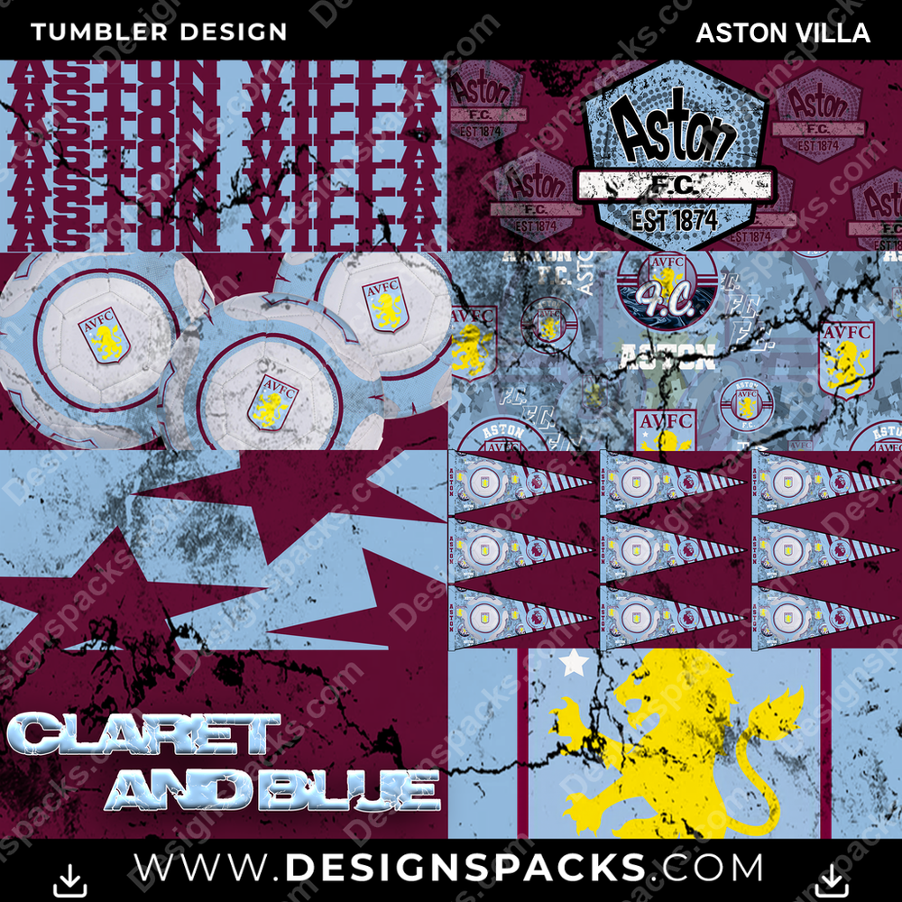 Soccer UK Distressed BG Aston Villa Tumbler Digital Wrap Design
