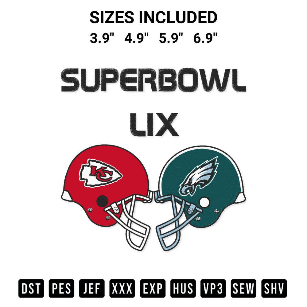 Elevate your next project with our Chiefs Vs Eagles Super Bowl Lix Embroidery Design embroidery file. Shop high-quality digital patterns instantly at Designspacks.com. Available sizes: 3.9", 4.9", 5.9", 6.9".