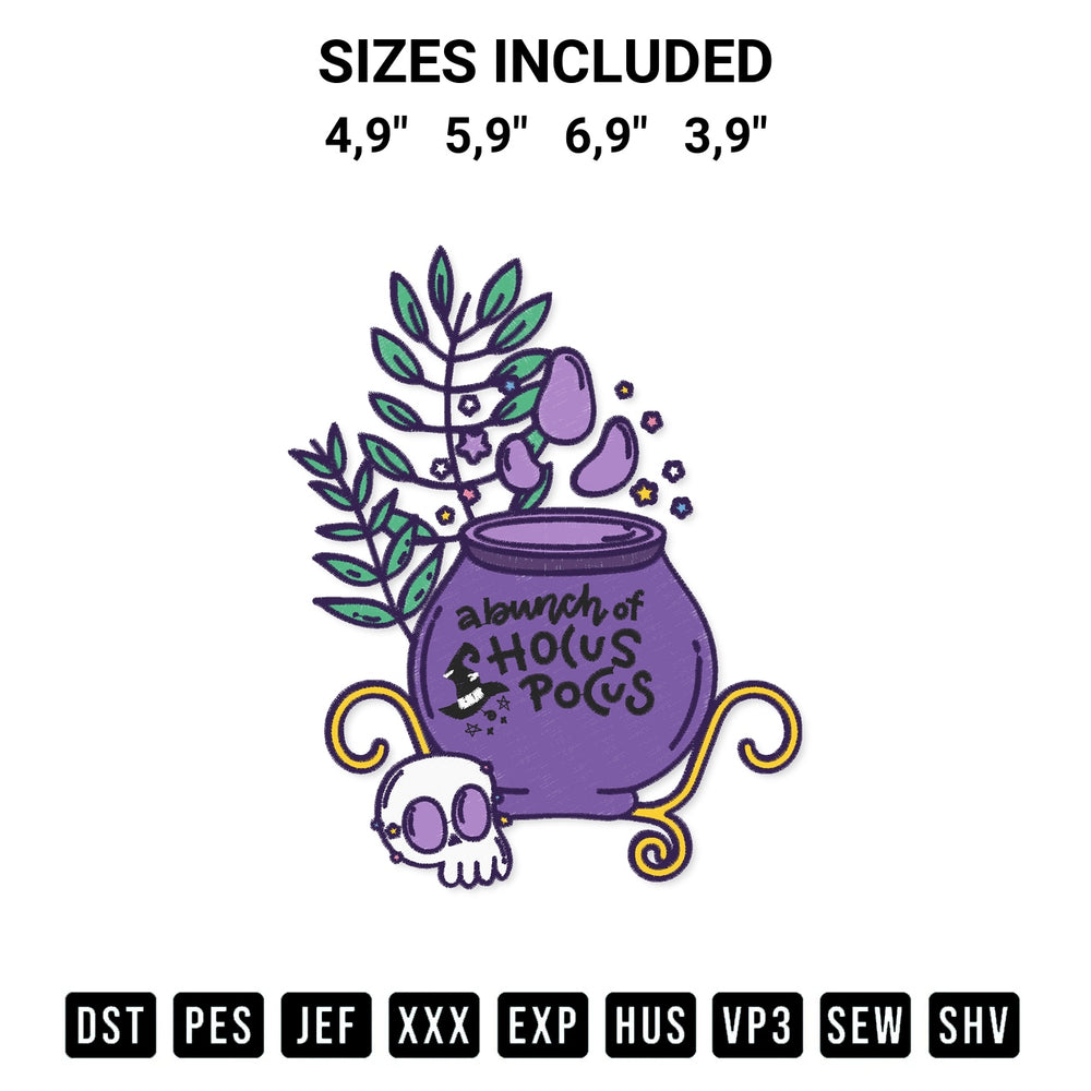 Create amazing crafts with the Witch Cauldron A Bunch Of Hocus Pocus Witchy Vibes Halloween Logo Embroidery Design embroidery file. High-quality digital download from Designspacks.com, perfect for beginners and pros. Available sizes: 4,9", 5,9", 6,9", 3,9".