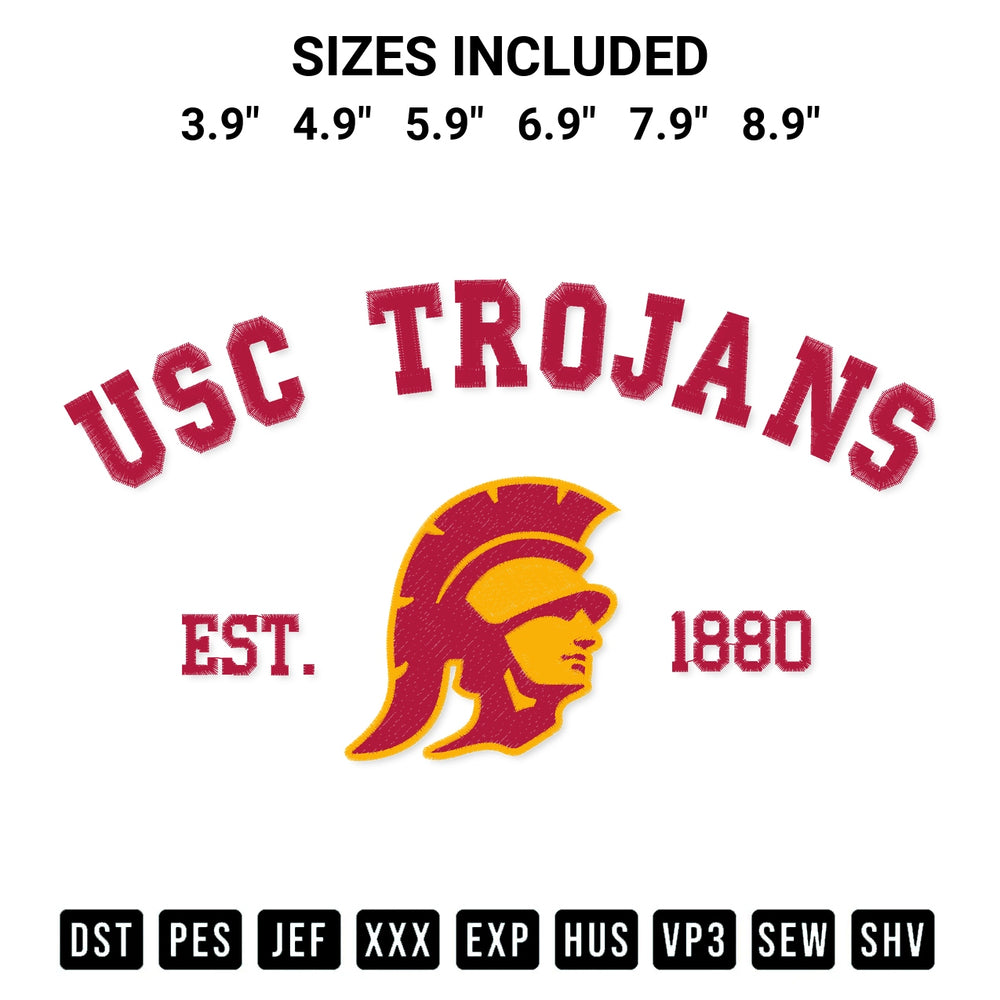 Discover the perfect addition to your crafting collection: Usc Trojans Est 1880 Embroidery Design embroidery file. Instantly available at Designspacks.com. Available sizes: 3.9", 4.9", 5.9", 6.9", 7.9", 8.9".