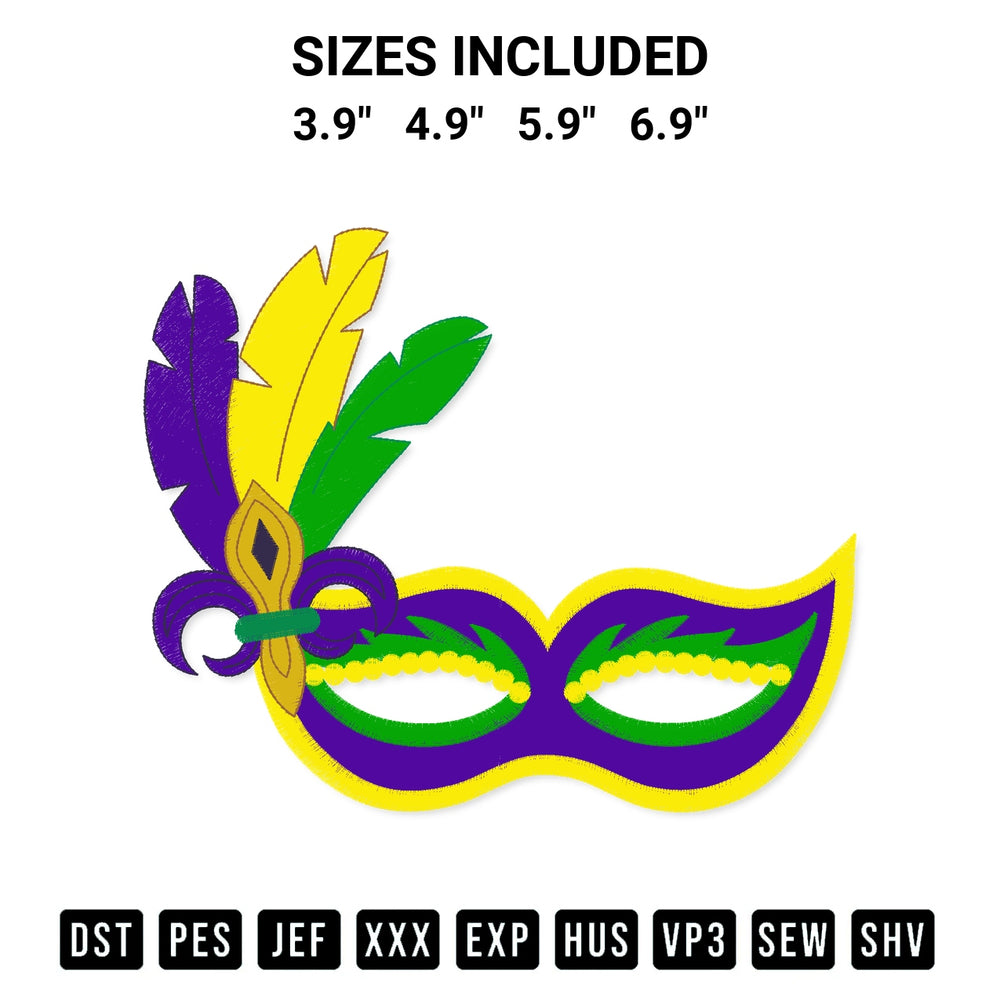 Transform your fabrics with the Mardi Gras Feather Mask Embroidery Design embroidery design. Instant access to premium digitized patterns at Designspacks.com. Available sizes: 3.9", 4.9", 5.9", 6.9".