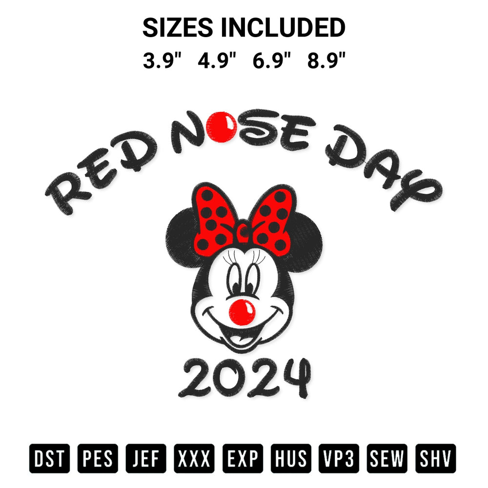 Transform your fabrics with the Minnie Red Nose Day 2024 Embroidery Design embroidery design. Instant access to premium digitized patterns at Designspacks.com. Available sizes: 3.9", 4.9", 6.9", 8.9".