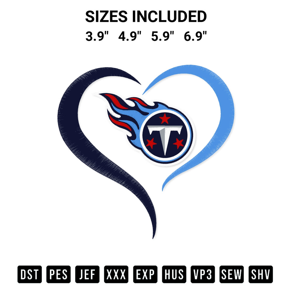 Get the Heart Tennessee Titans Embroidery Design embroidery design for your custom crafts! Premium digitized files available for instant download at Designspacks.com. Available sizes: 3.9", 4.9", 5.9", 6.9".