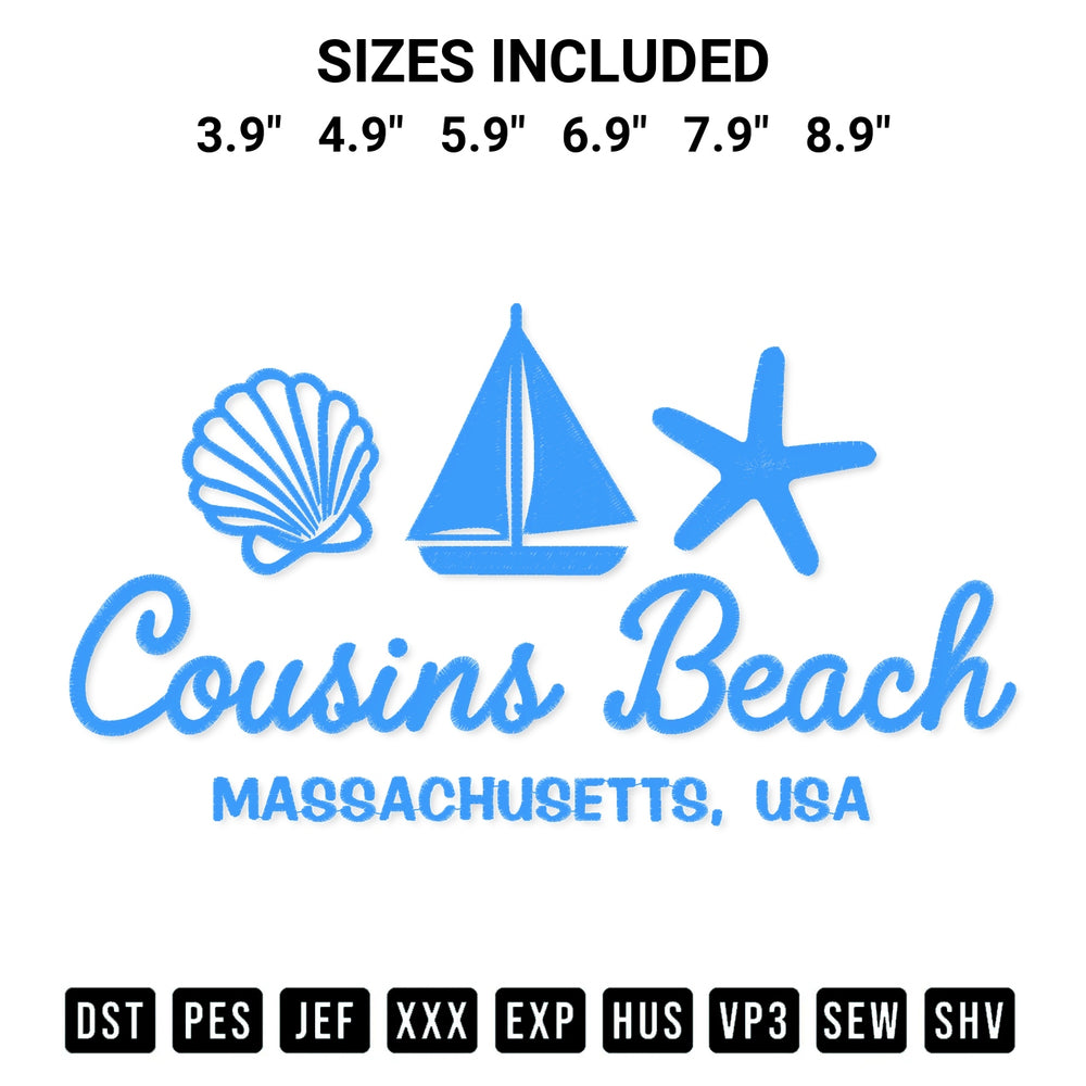 Add a unique touch to your apparel with the Cousins Beach Massachusetts Usa Embroidery Design embroidery file. Premium instant download available now on Designspacks.com. Available sizes: 3.9", 4.9", 5.9", 6.9", 7.9", 8.9".