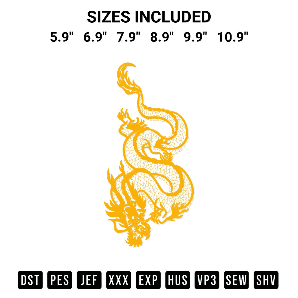 Transform your fabrics with the Chinese Dragon Embroidery Design embroidery design. Instant access to premium digitized patterns at Designspacks.com. Available sizes: 5.9", 6.9", 7.9", 8.9", 9.9", 10.9".