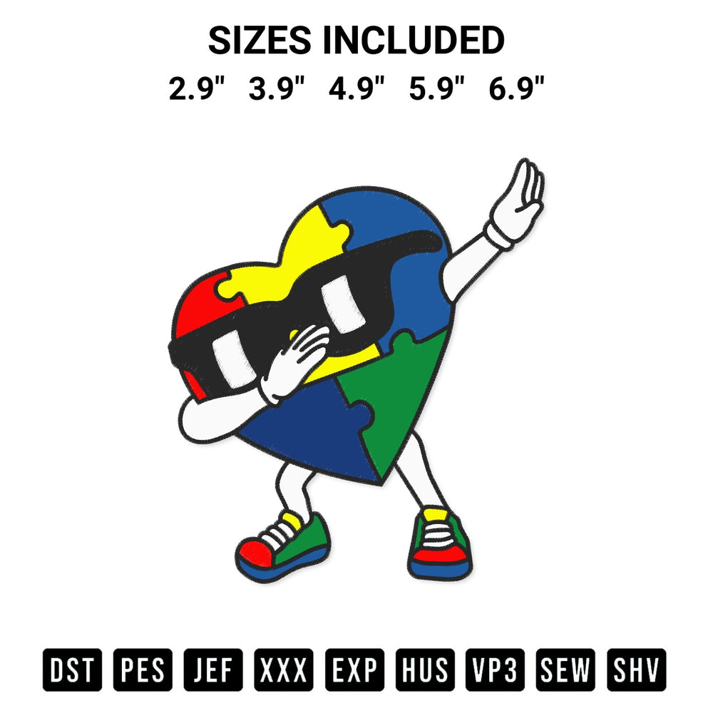 Add a unique touch to your apparel with the Autism Dabbing Puzzle Heart Embroidery Design embroidery file. Premium instant download available now on Designspacks.com. Available sizes: 2.9", 3.9", 4.9", 5.9", 6.9".