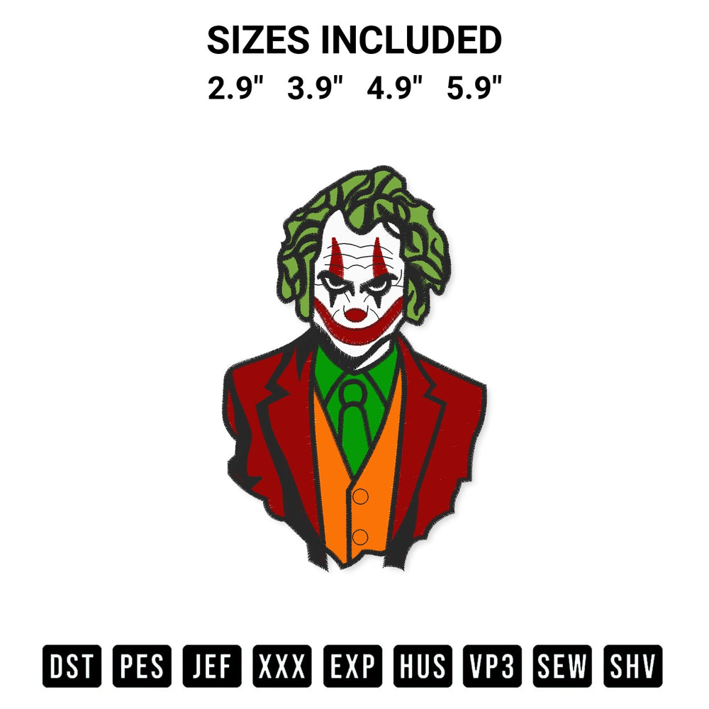 Get the Joker Embroidery Design embroidery design for your custom crafts! Premium digitized files available for instant download at Designspacks.com. Available sizes: 2.9", 3.9", 4.9", 5.9".