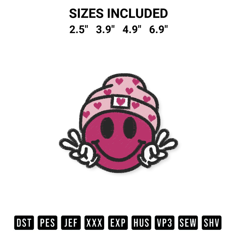 Discover the perfect addition to your crafting collection: Smiley Face With Heart Hat Embroidery Design embroidery file. Instantly available at Designspacks.com. Available sizes: 2.5", 3.9", 4.9", 6.9".