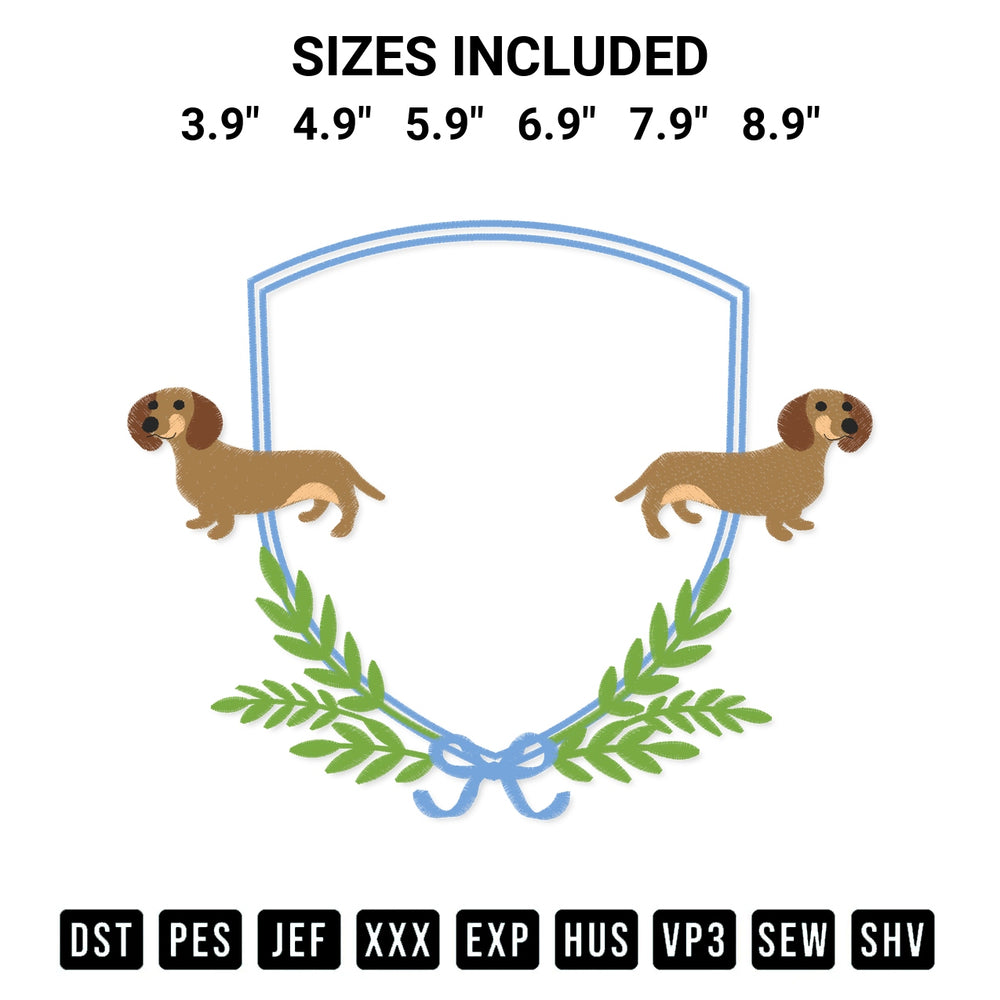 Download the Dachshund Monogram Frame With Wreath Embroidery Design machine embroidery design exclusively at Designspacks.com. Premium digitized pattern for apparel and DIY crafts. Available sizes: 3.9", 4.9", 5.9", 6.9", 7.9", 8.9".