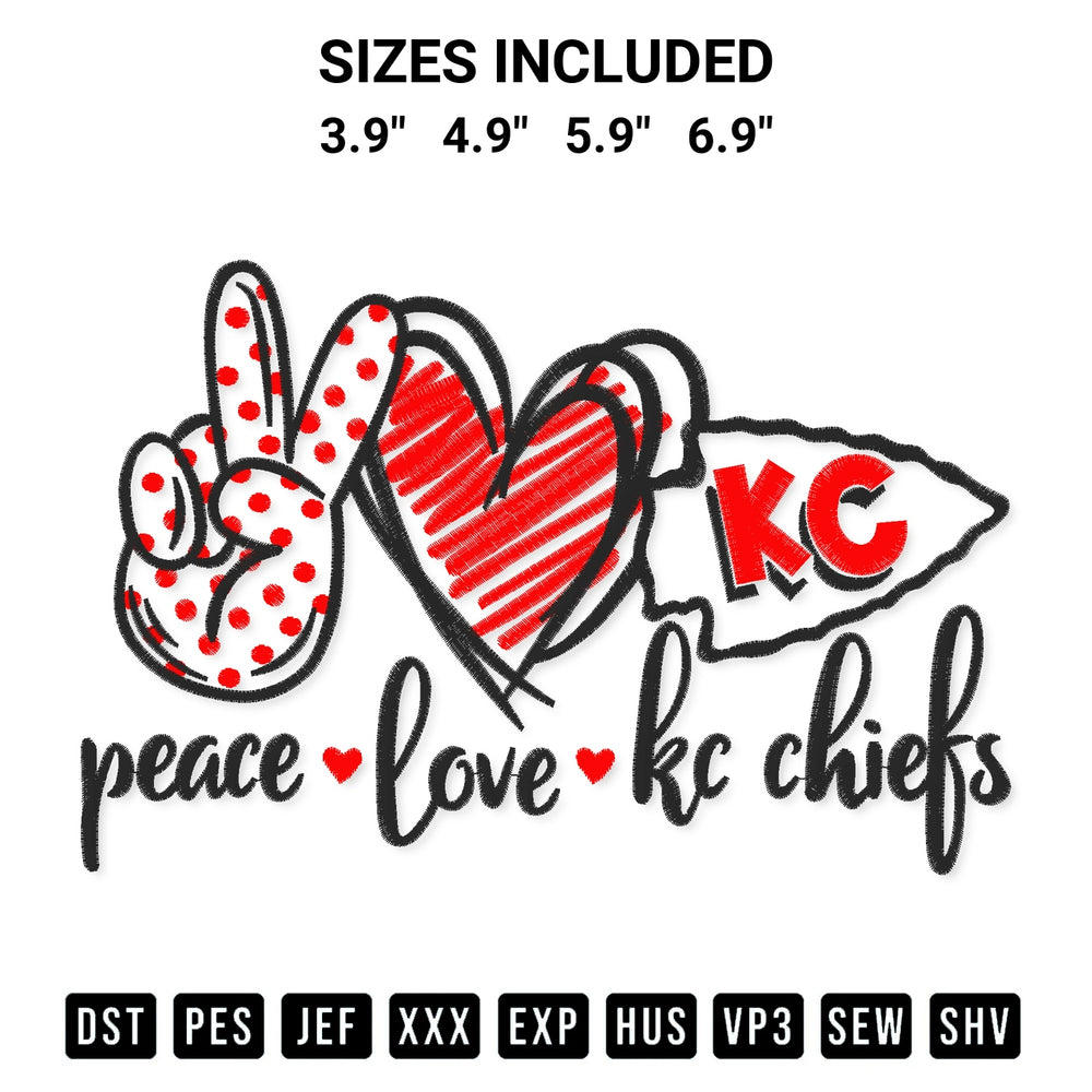 Stitch like a pro with the Peace Love Kansas City Chiefs Embroidery Design embroidery pattern from Designspacks.com. High-quality digital machine embroidery file. Available sizes: 3.9", 4.9", 5.9", 6.9".