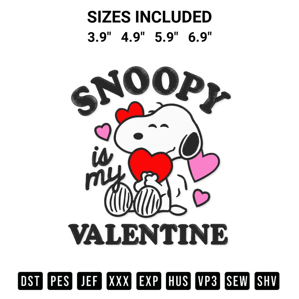 Transform your fabrics with the Snoopy Is My Valentine Embroidery Design embroidery design. Instant access to premium digitized patterns at Designspacks.com. Available sizes: 3.9", 4.9", 5.9", 6.9".