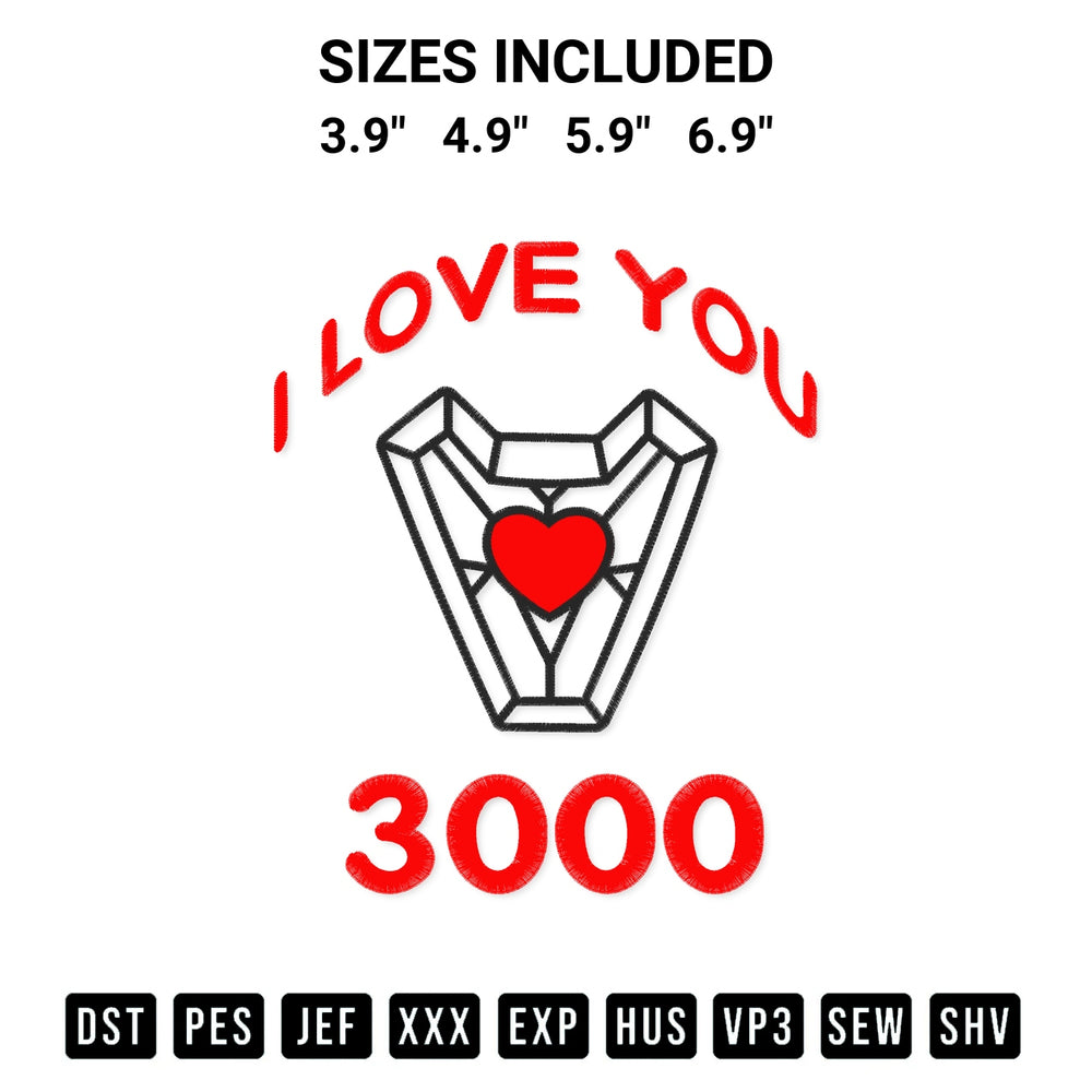 Create amazing crafts with the Iron Man I Love You 3000 Embroidery Design embroidery file. High-quality digital download from Designspacks.com, perfect for beginners and pros. Available sizes: 3.9", 4.9", 5.9", 6.9".