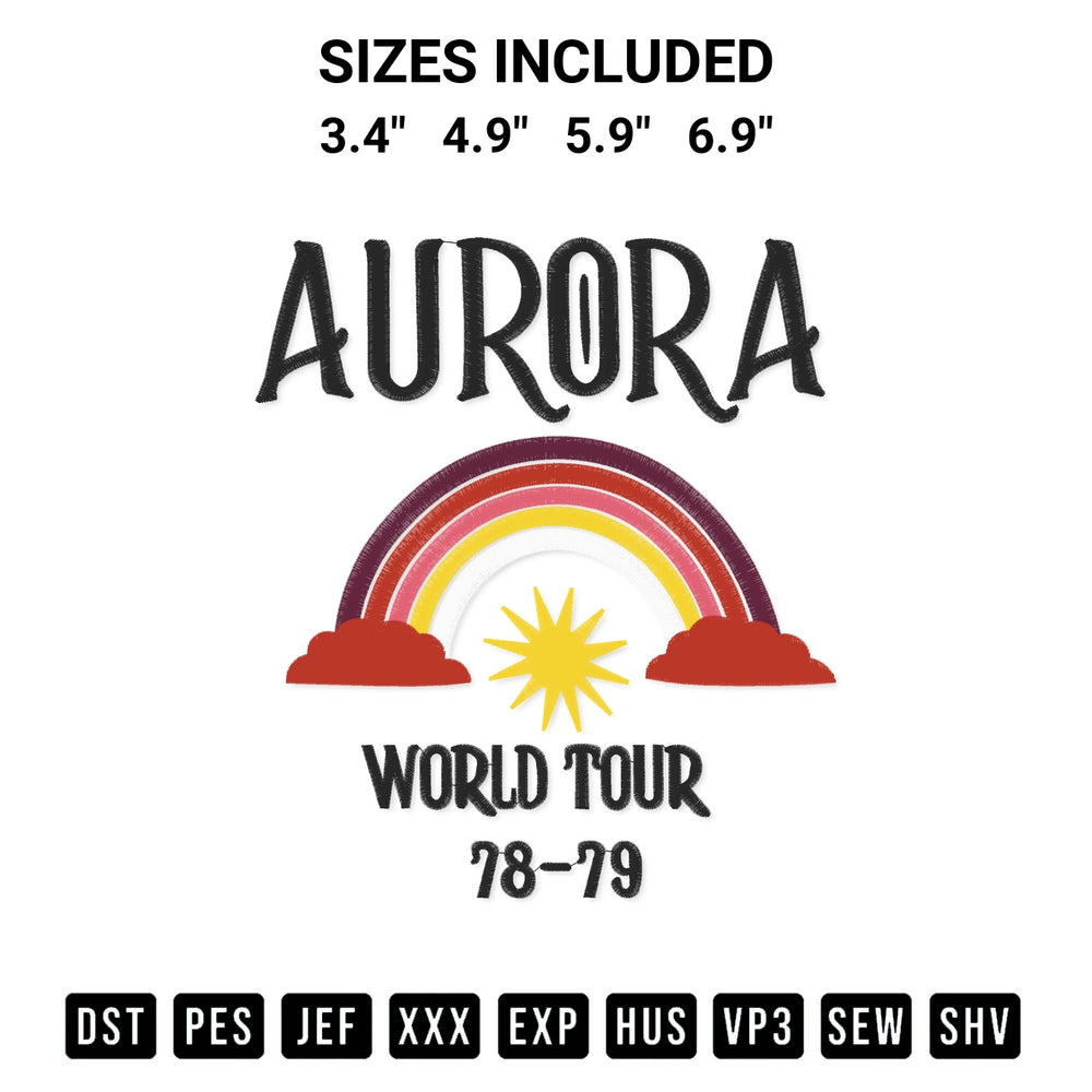 Get the Aurora World Tour Embroidery Design embroidery design for your custom crafts! Premium digitized files available for instant download at Designspacks.com. Available sizes: 3.4", 4.9", 5.9", 6.9".
